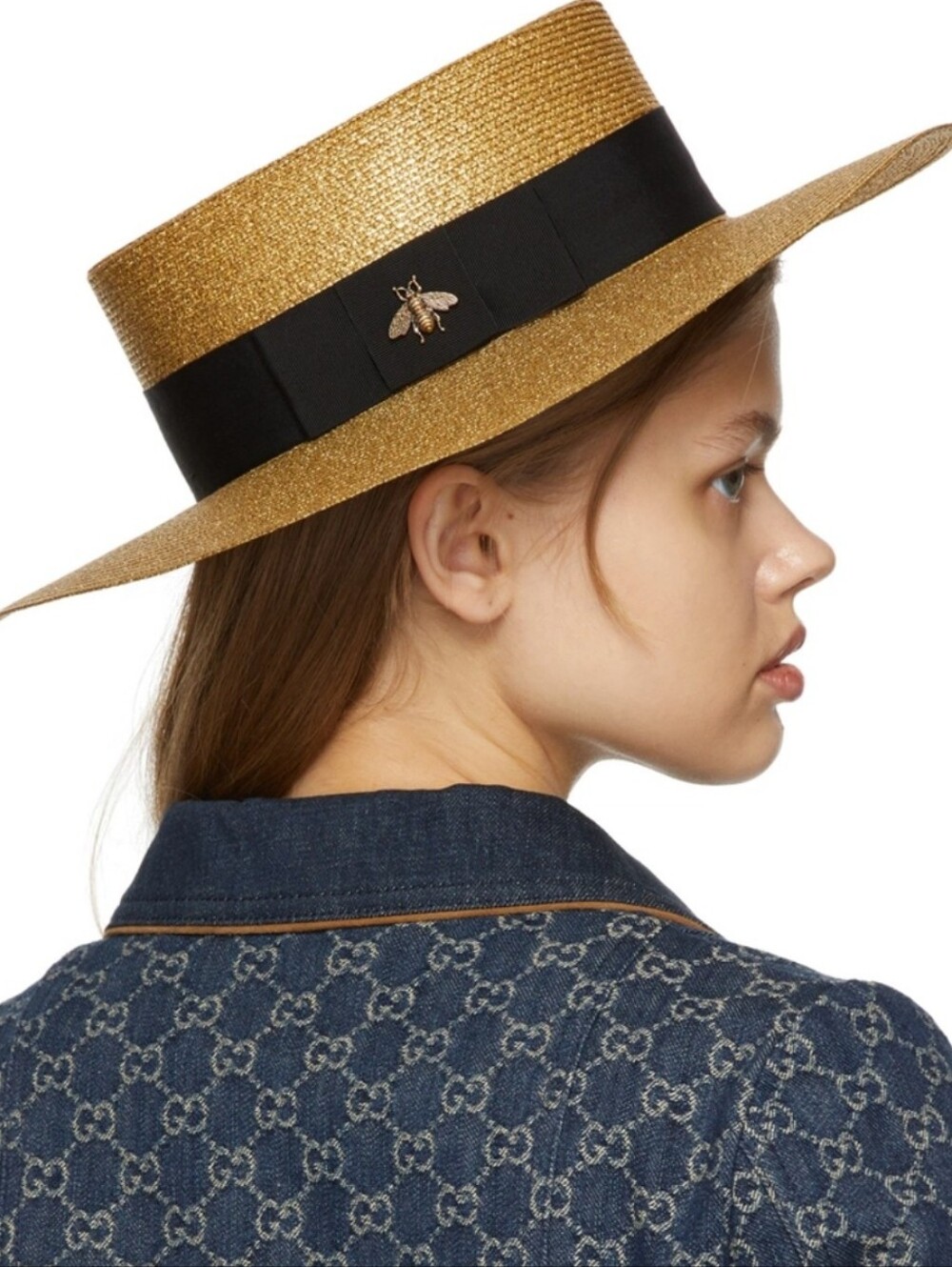 Gucci Straw Boater Hat in Natural Straw with Black Ribbon and Bee Motif
